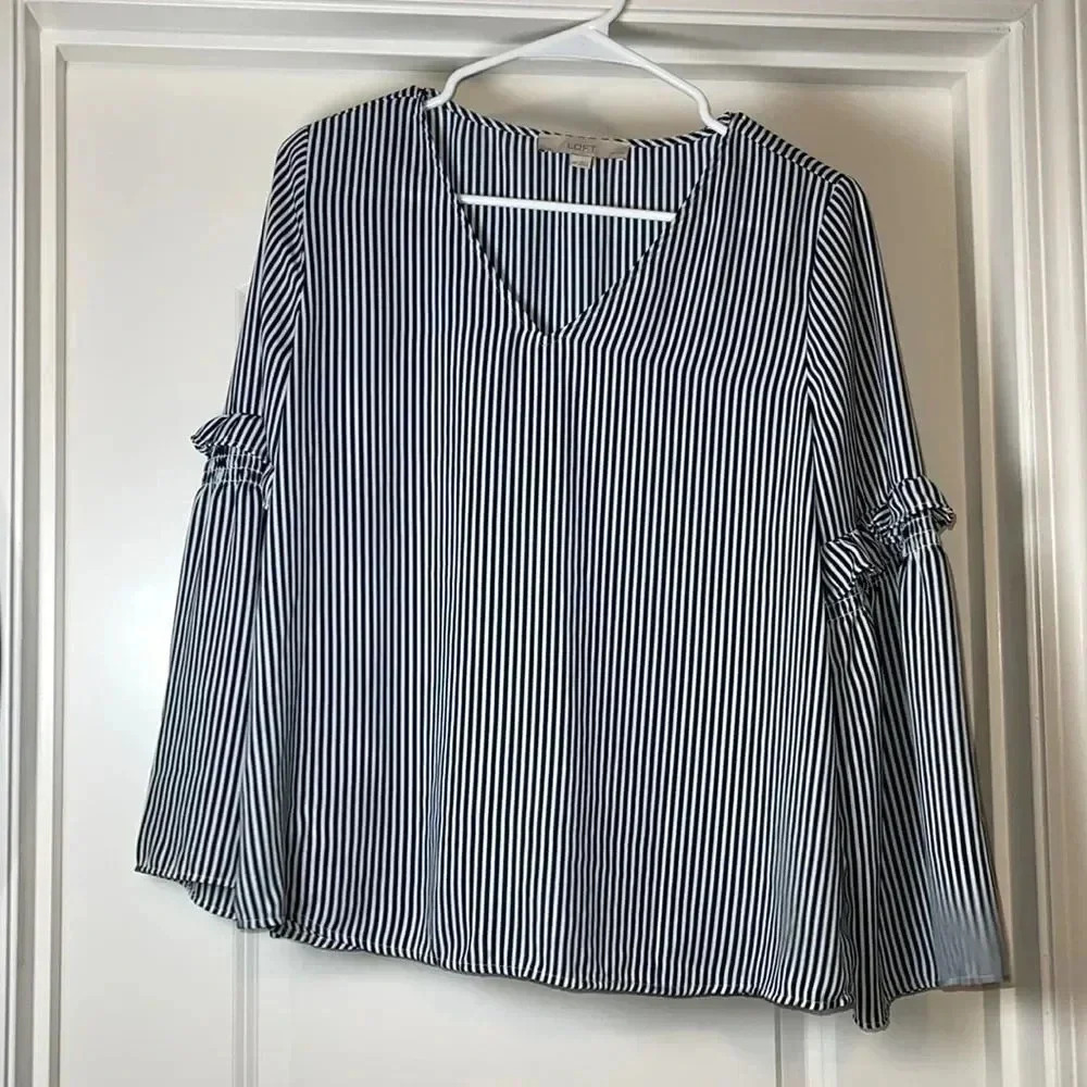 Loft (Petites) Women's Black & White Striped Blouse - Size MP